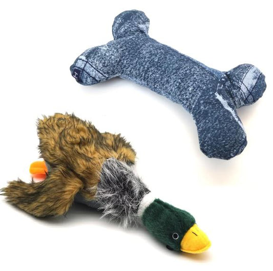 JKW Plush Mallard Duck Dog Toy and Squeaky Bone Dog Toy Plush Dog Chew Toy for Small Medium Dogs 8-Inch （2 Pack）